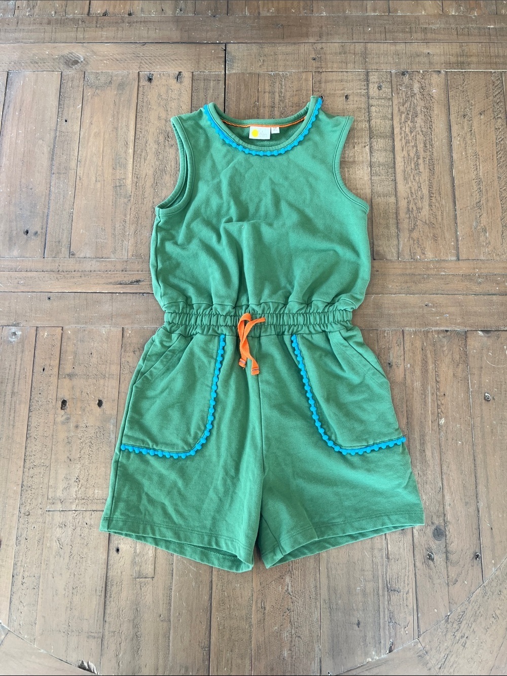 Mini Boden green pom pom sleeveless short romper 7-8 years